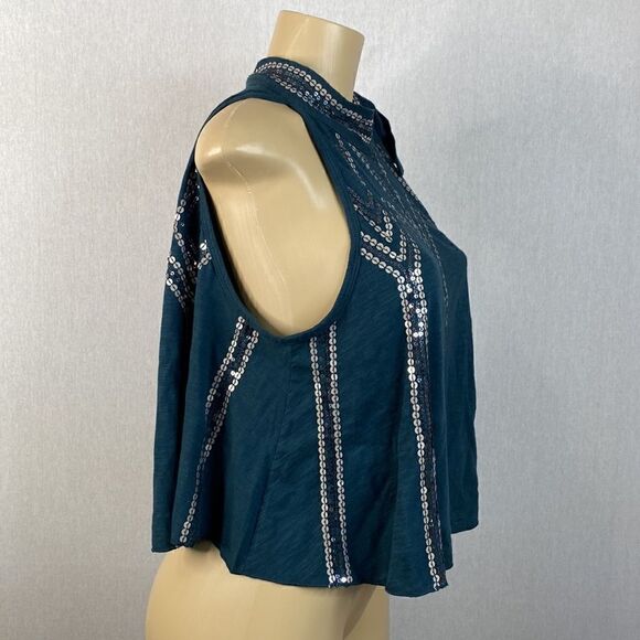 Free People Glitter City Tie Neck Mock Dark Turquoise Halter Sequin Top XS NWT - Picture 3 of 10
